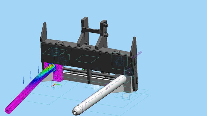 Finite element analysis results on a cantilever beam loading check. Shown is a custommanufactured forklift attachment that handles steel coils.
