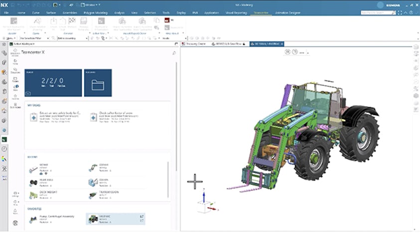 A screenshot of NX X CAD software with a design of a tractor on the right side and an instance of Teamcenter X PLM collaboration software on the left, showing different parts of the assembly.