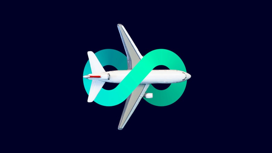 Graphical representation of a commercial aircraft flying between a green infinity sign.