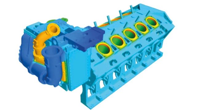 Temperature distribution on the complete engine block stemming from solid/liquid CHT simulations.