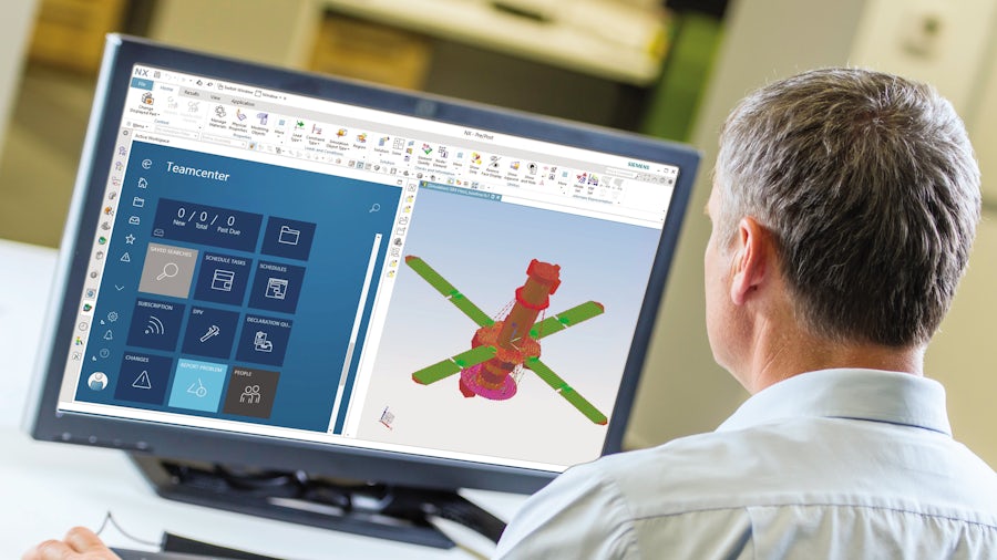 Engineer working on a computer running a simulation of a satellite and seamlessly managing the related simulation data with the rest of development.