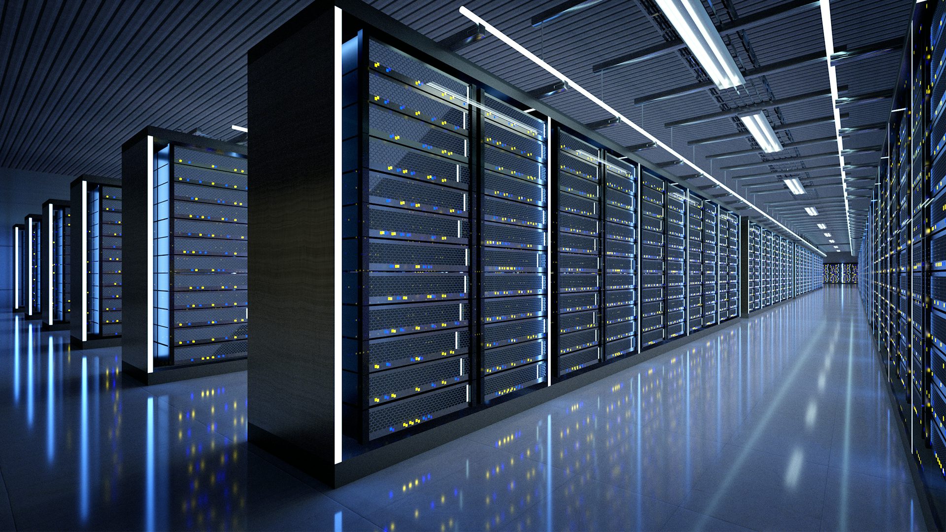Interior of a dimly lit data center server room illuminated by yellow and blue lights.
