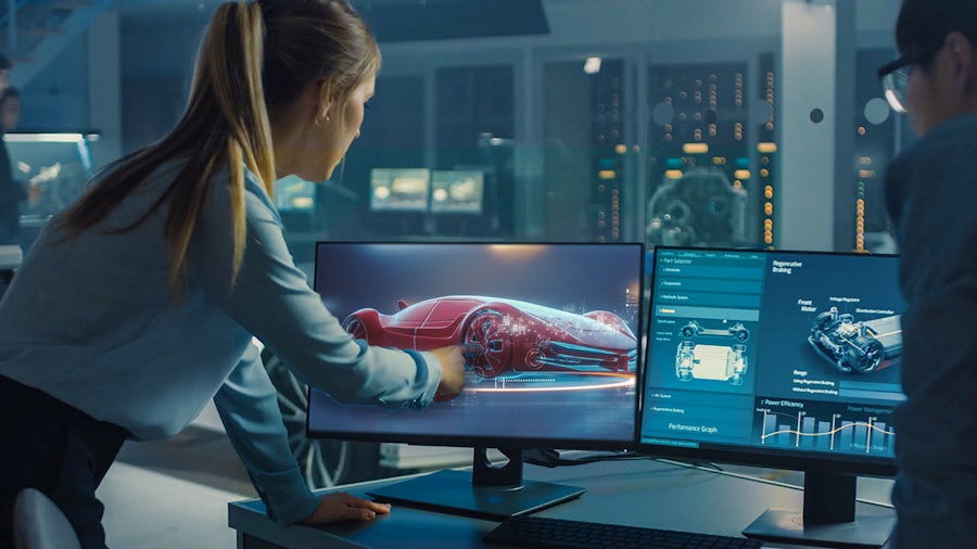 A woman actively engaging with a digital interface for an electrical component of a car