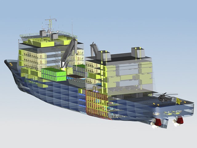 Simcenter 소프트웨어의 선박 구조 해석 시각 자료.