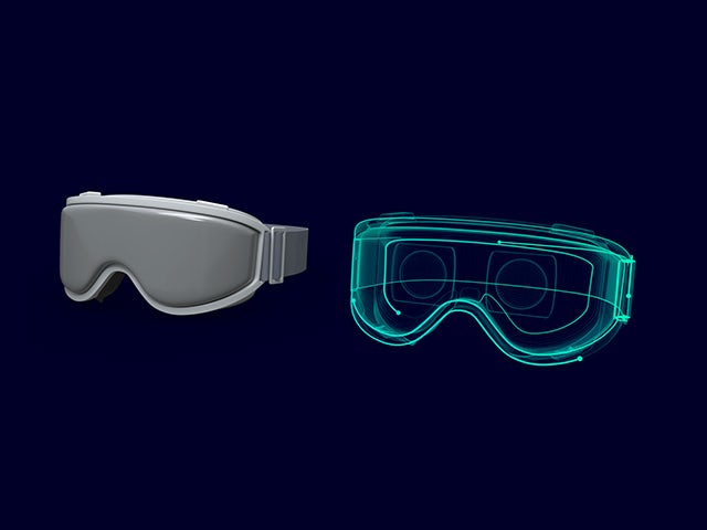 A graphic of a pair of VR goggles, next to a wireframe of the same goggles