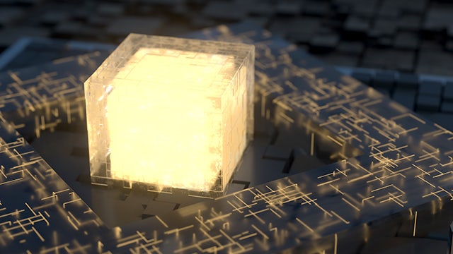 Glowing gold cube surrounded by circuitry | The Calibre xACT 3D tool features a 3D field solver modeling engine built on advanced software algorithms to accurately calculate parasitic effects at the transistor level.