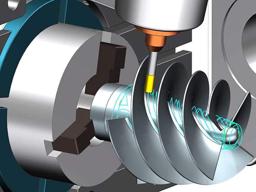 A computer-generated image of a CNC machine milling a helical gear showcases the Rotary Roughing feature in Siemens NX. The cutting tool, poised above the spiraled gear, underscores precision engineering and advanced turn-mill manufacturing processes using NX CAM