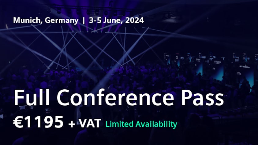 Background of an exciting keynote scene at Realize LIVE Munich displaying the 2024 full conference pass for 1195 Euro + VAT with limited availability.