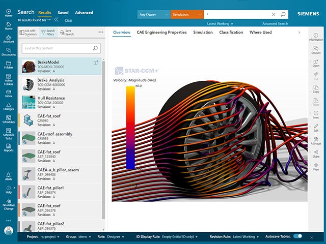 Simulation process and data management visuals from the Teamcenter software.