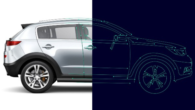 Split image of the rear of an SUV, and wireframe graphic of the front of that SUV