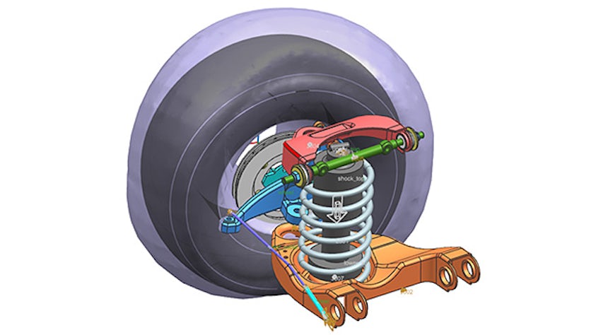 Immagine computerizzata della ruota di un'automobile e della molla della sospensione