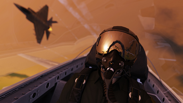 Jet fighter pilot wearing an oxygen mask flying on a mission, viewed from inside the cockpit.