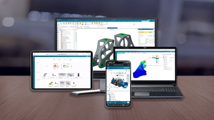 A desktop computer, laptop, tablet and phone all showing different instances of NX, such as the traditional desktop application and the NX X Essentials web-browser app.