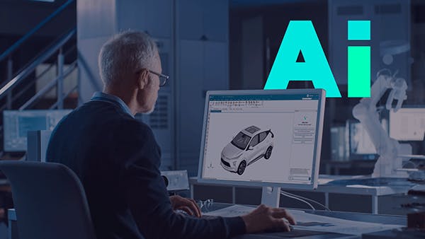 A blue sports car shown half as a wireframe drawing and half as a realistic 3D render on a dark blue background.