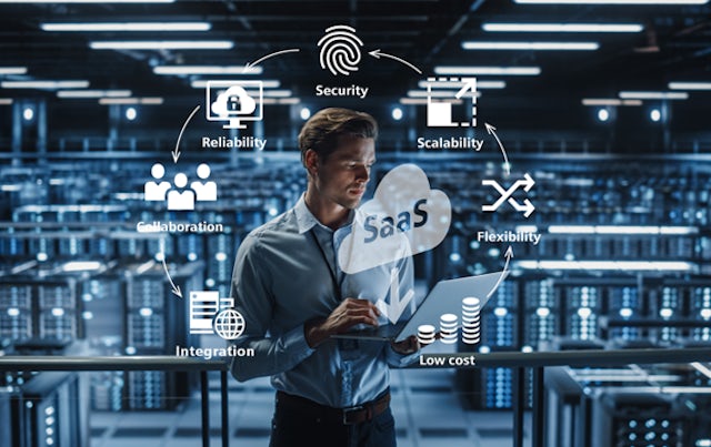 Male employee in a data center looking at his laptop with overlay of the cloud saas lifecycle Male employee in a data center looking at his laptop with overlay of the cloud saas lifecycle