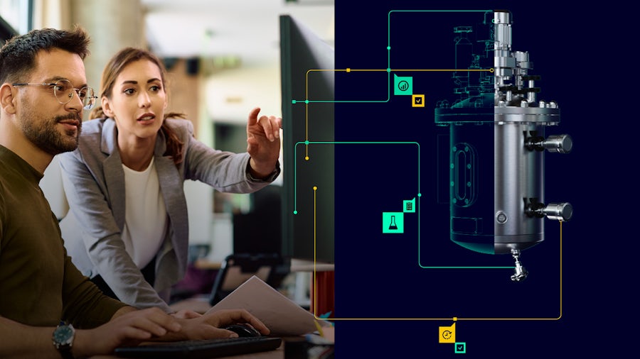 Two colleagues looking at a computer next to an image of a digital twin.