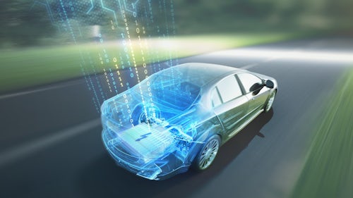 电动汽车在路上行驶的时候，其功能安全软件正在通过无线更新。