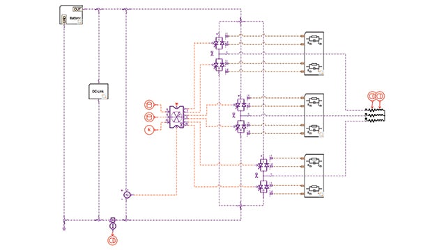 Reduced inverter simulation model with battery, DC-link capacitor and power modules.