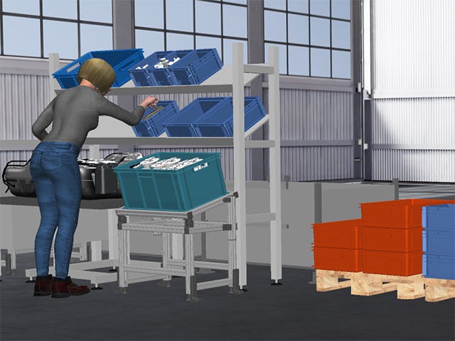 Virtual female human figure performing work tasks in Process Simulate Human software.