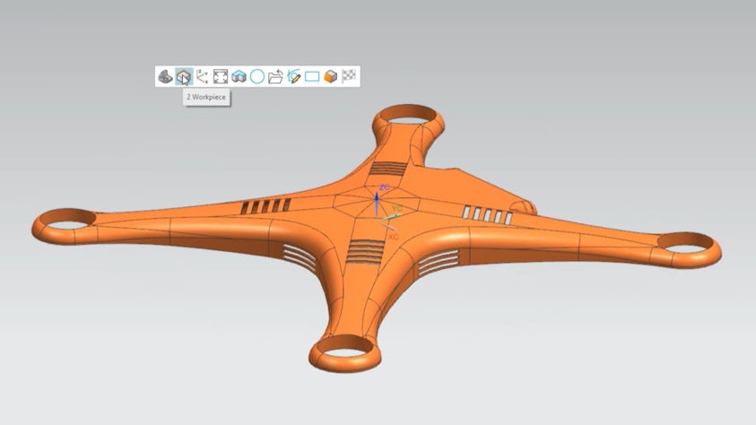 A part design in Designcenter NX CAD with the NX Command Prediction (adaptive UI) bar showing 11 commands it thinks the user is likely to need next. The user is selecting the second command, 