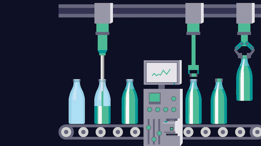A graphic depiction of an automated beverage bottling assembly line.