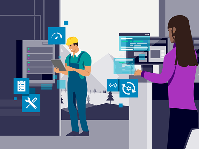 An Illustration of a service technician collecting track maintenance details from fielded assets through integration with IBM Maximo Enterprise Asset Management software Service lifecycle management (SLM). Illustration overall to display what data he can access.
