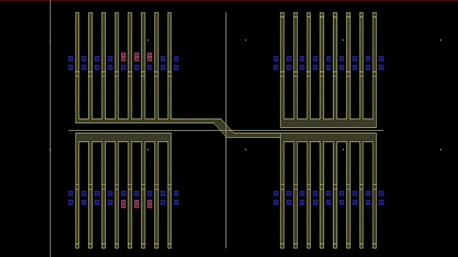 Screen shot of interactive symmetry checking. The blue contact layer is checked for symmetry around the x-axis, violations are highlighted in red.