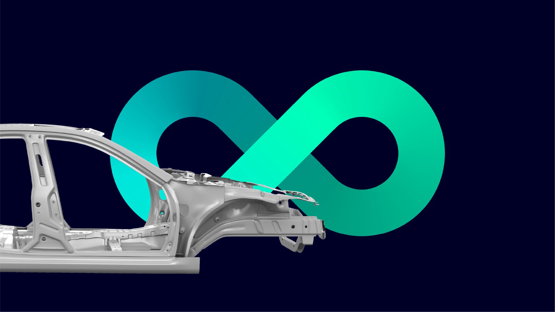 Image of a vehicle chassis in front of a vector of an infinity sign symbol on a dark blue background.