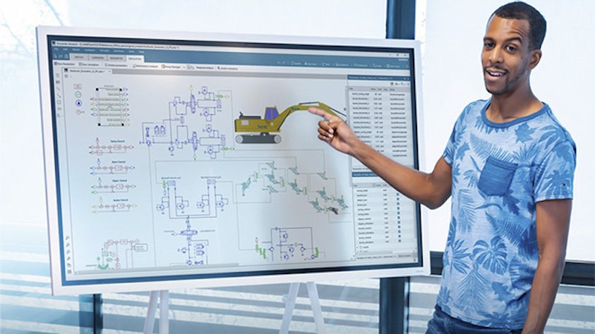 An engineer presenting the Simcenter Amesim software workflow.