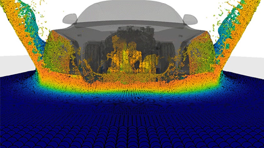 Simulación de flujo SPH de agua mientras un gráfico de un automóvil lo atraviesa.
