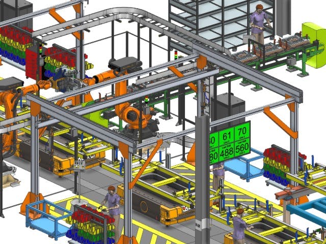 A 3D digital model of an automated assembly line created in Line Designer X, showing conveyor systems, robotic arms, workstations, and operators. The layout includes material racks, equipment, and overhead transport systems, illustrating how detailed production layouts integrate with resource planning for a complete digital twin of the manufacturing environment.