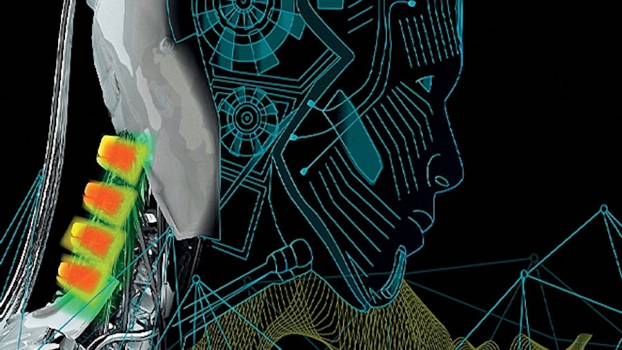 Immagine di un robot in fase di progettazione in un ambiente di progettazione e simulazione integrato.