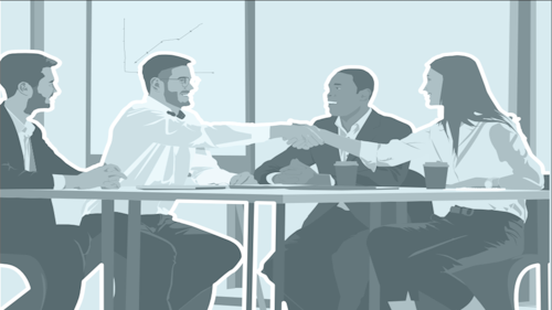 An illustration of a group of businesspeople sitting around a table together