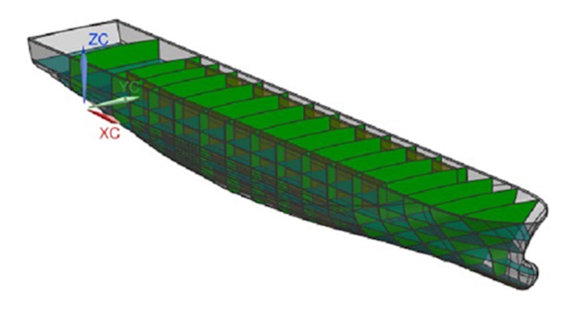 A 3D NX CAD model of cargo ship hull.
