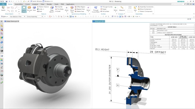 NX interface with one window showing a car brake assembly and the other with a cutaway section 3D model of the brake rotor with PMI.