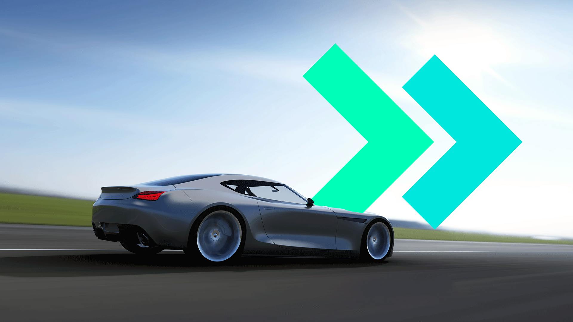 Sleek sports car concept in motion with dynamic turquoise arrows indicating forward movement against a minimalist sky background.