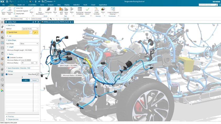 UI of Designcenter Routing Electrical showing spline length analysis in wire harness in automotive dataset.