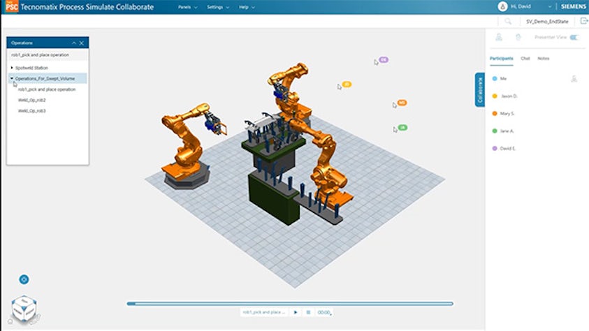 クラウドベースのTecnomatix Process Simulate Collaborateソフトウェアを使用したリアルタイムでのコラボレーションの画像。