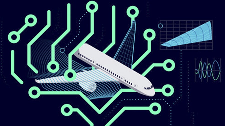 An infographic showing a plane covered in streamlines.