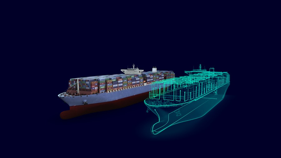 A computer rendering of a shipping vessel with a green wireframe digital twin beside it on a dark blue background.