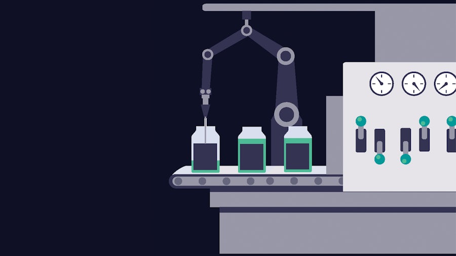 A graphic image of a Food & Beverage Machine with manual controls and a robotic filling arm.
