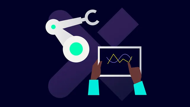 Zusammengesetzte Illustration mit einem X im Hintergrund mit einer Überlagerung eines Maschinenarms und Händen, die ein Tablet halten.