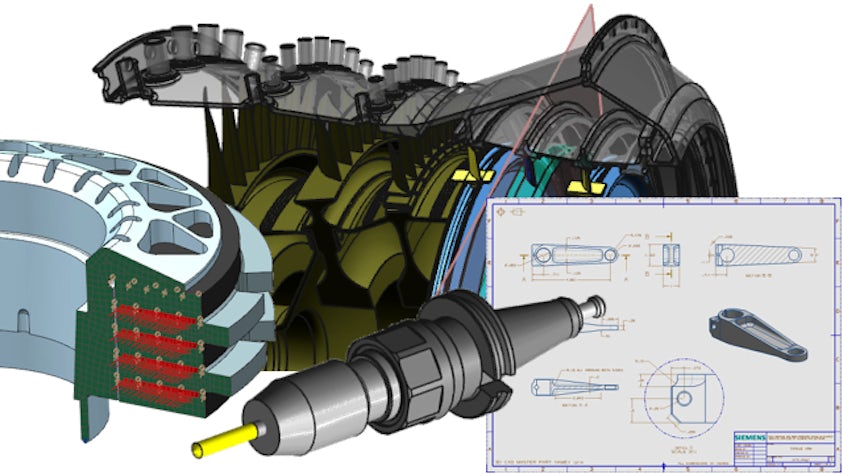 Various NX CAD assemblies from a turbine in the foreground, in cross section, and a 2D drawing of one part.