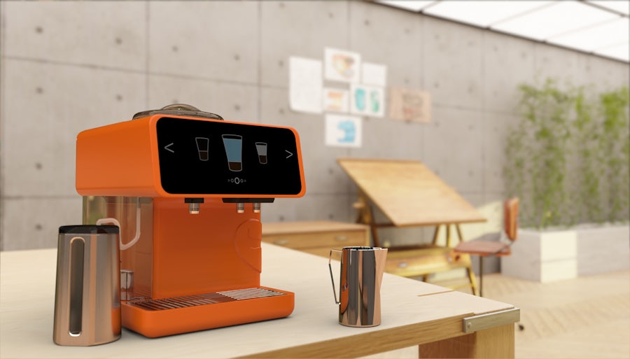 An orange coffee machine designed in NX in an office