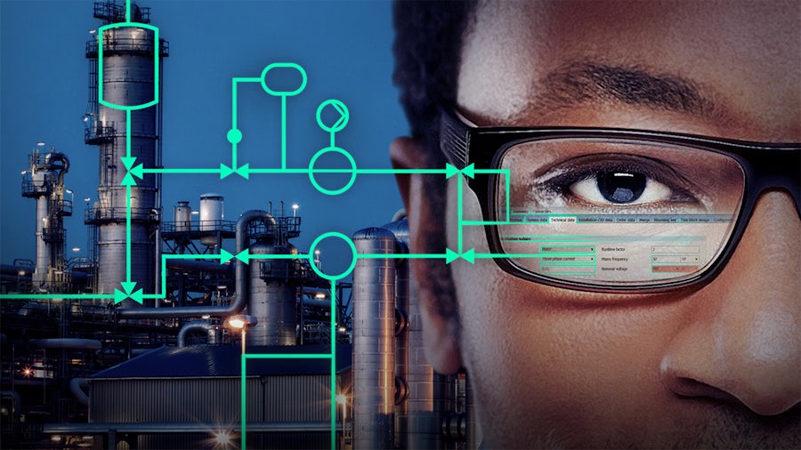 An industrial facility with tall structures, piping, and process diagrams overlaid in bright colors.