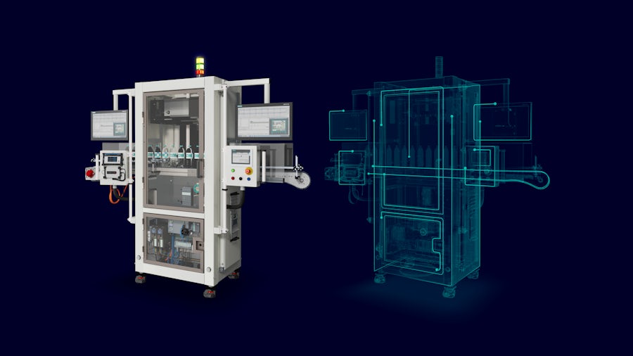 Design del braccio robotico di un macchinario industriale illustrato mediante il digital twin.