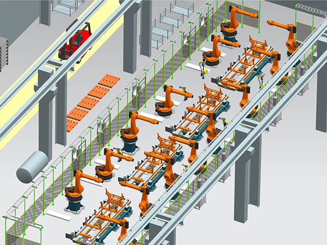 Image of a detailed production line layout in NX Line Designer software.