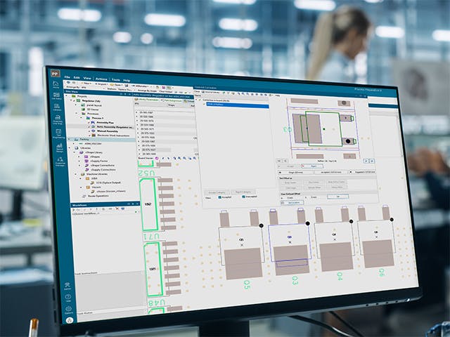 Computor monitor showing a screen shot of Process Preparation X Advanced software which includes test and inspection output support for PCB assembly