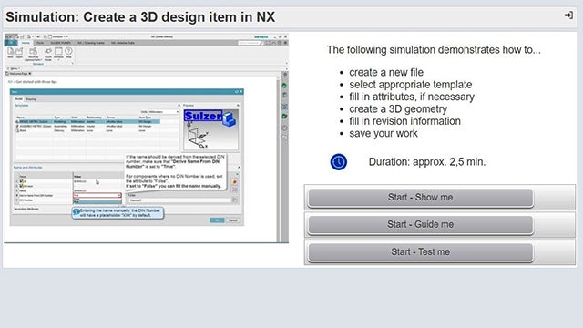 The web-based training solution covers NX workflows by standard content and uses 85 different Sulzer-specific Teamcenter operations and procedures of various complexity, which accelerates onboarding new engineers.