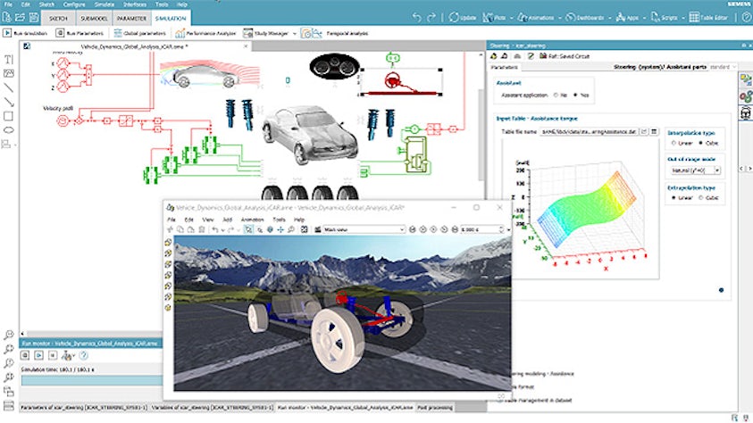 Zrzut ekranu z oprogramowania Simcenter przedstawiający dynamikę układów pojazdu.